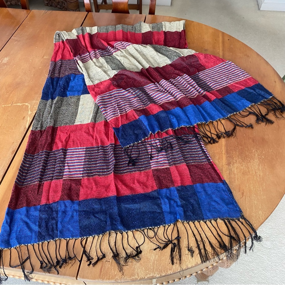 Americana Red Tan Blue Striped Blanket Scarf fringe Patriotic Semiquincentennial